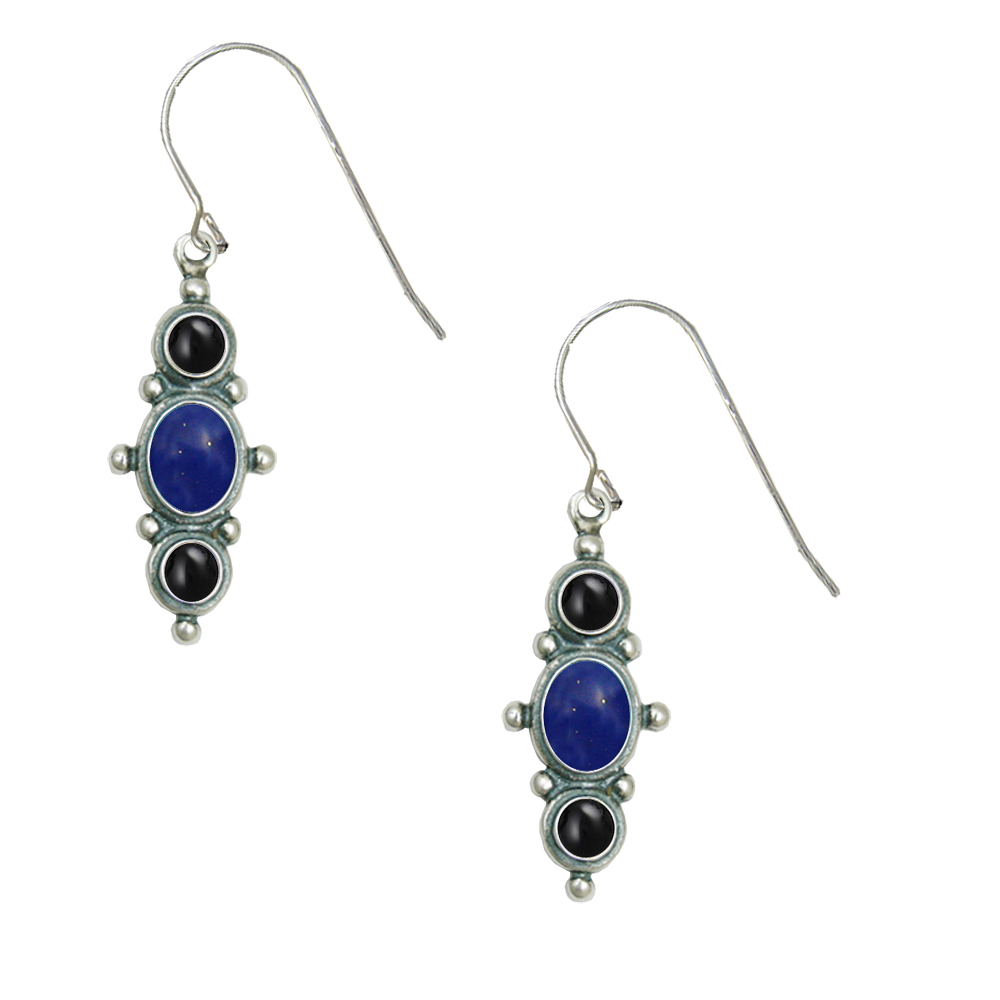 Sterling Silver Drop Dangle Earrings With Lapis Lazuli And Black Onyx